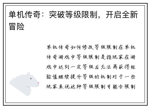 单机传奇：突破等级限制，开启全新冒险